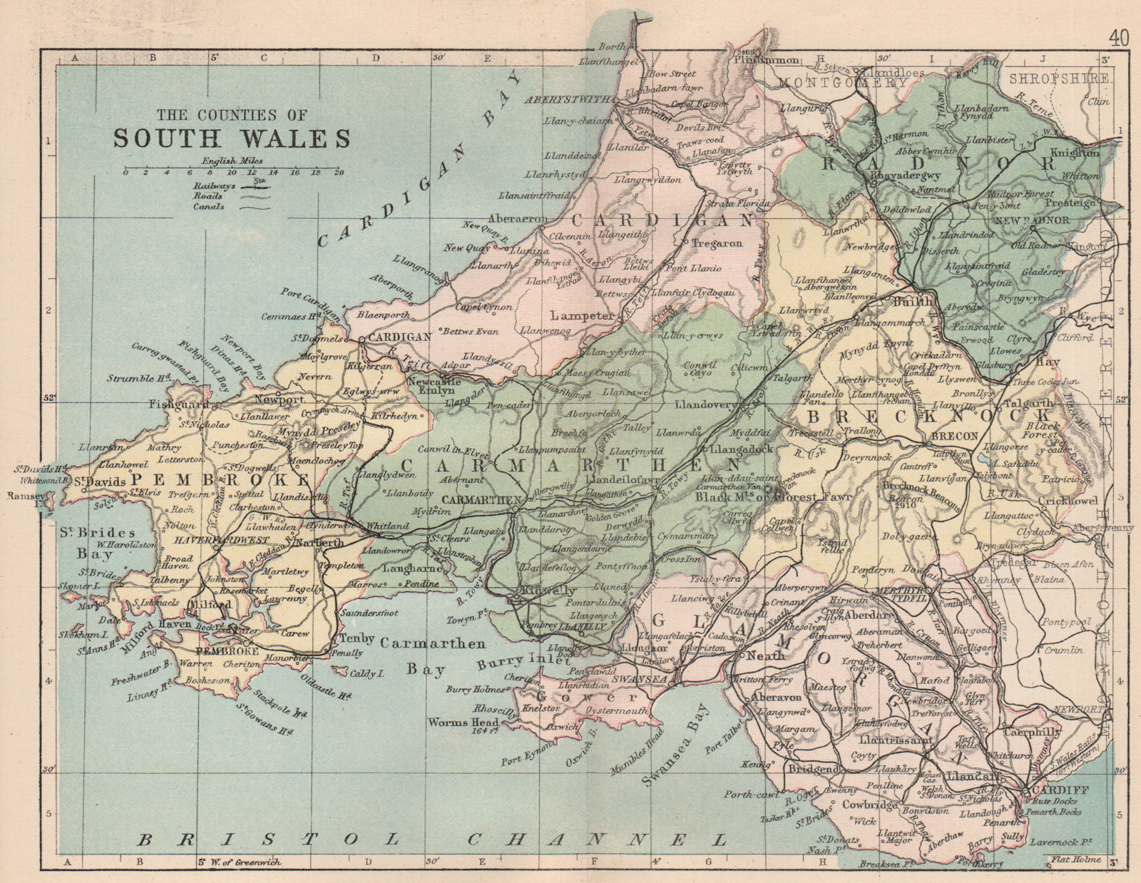 SOUTH WALES. Antique map. Counties Railways roads canals. PHILIP 1882 old